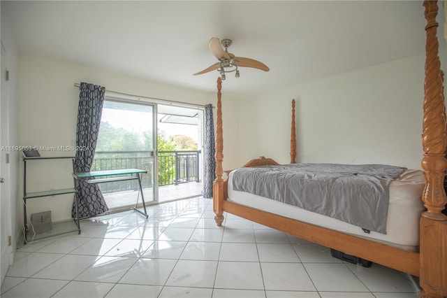 bedroom featuring ceiling fan, access to exterior, and light tile patterned floors