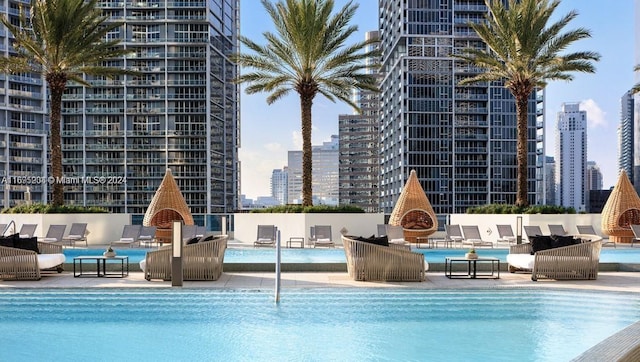 view of pool featuring a water view and a patio area