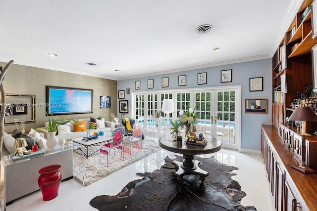 tiled living room with french doors and crown molding