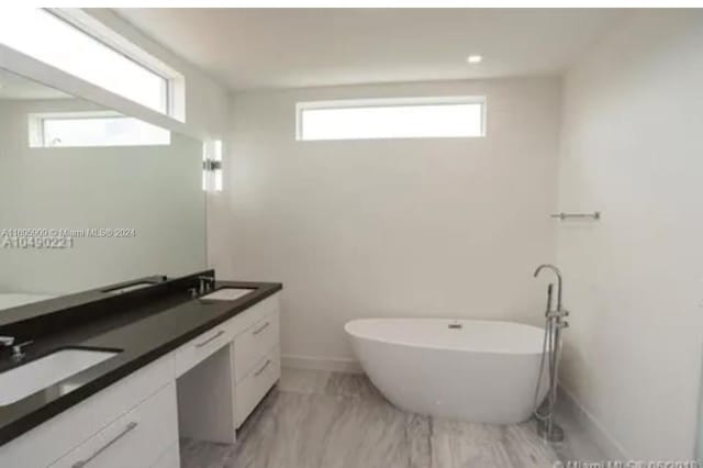 bathroom with vanity, a wealth of natural light, and a bathing tub