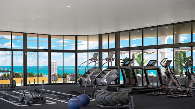 workout area featuring a water view and a wall of windows