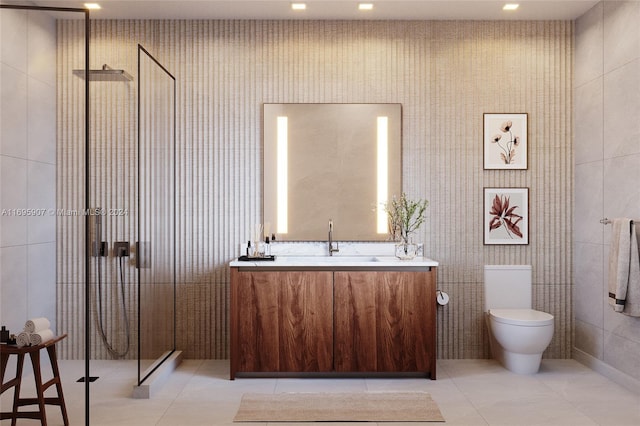 bathroom featuring walk in shower, tile patterned floors, toilet, vanity, and tile walls