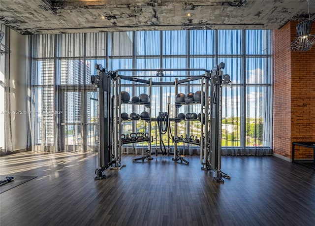 gym with floor to ceiling windows, plenty of natural light, and dark hardwood / wood-style floors