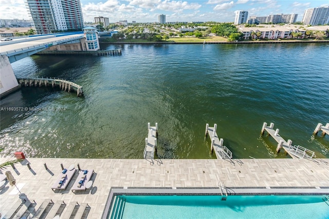 exterior space with a water view