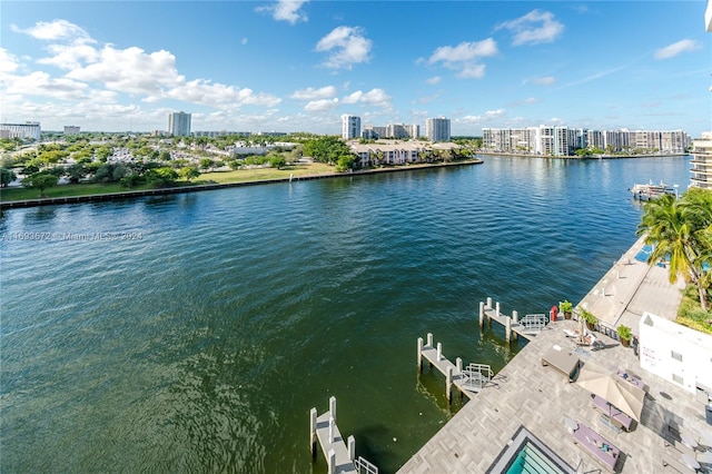 view of water feature with a boat dock