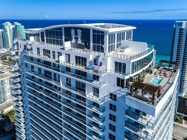 aerial view featuring a water view