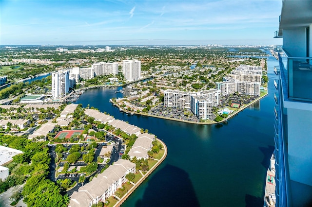 drone / aerial view featuring a water view