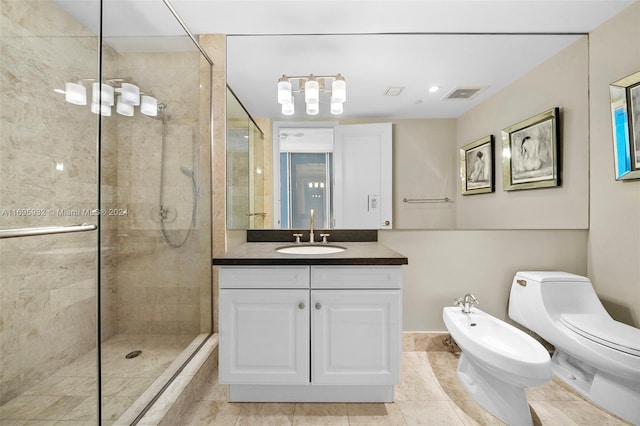 bathroom featuring tile patterned floors, a bidet, an enclosed shower, toilet, and vanity