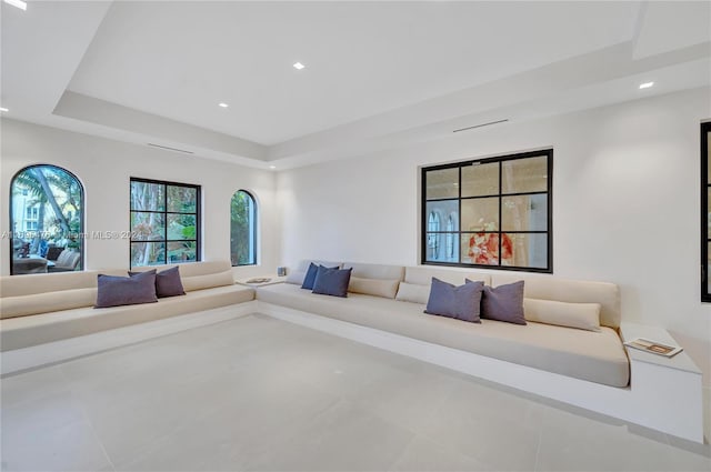 living room featuring a tray ceiling