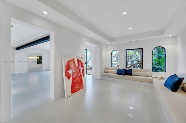 living room featuring a tray ceiling