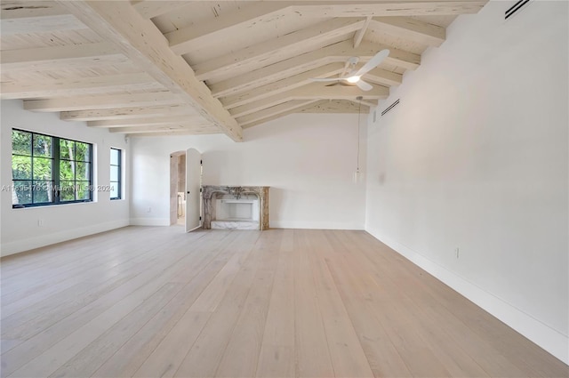 unfurnished living room with lofted ceiling with beams, ceiling fan, light wood-type flooring, and french doors