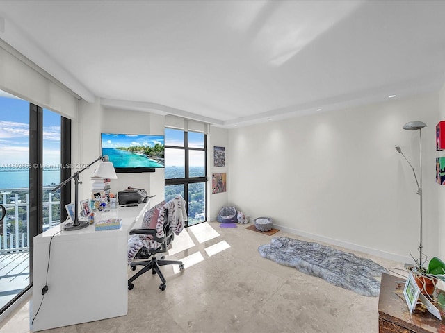 home office with plenty of natural light and a water view