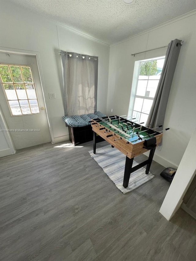 playroom featuring hardwood / wood-style floors and a textured ceiling