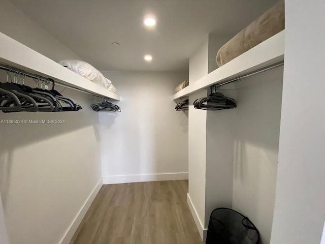 walk in closet with light hardwood / wood-style floors