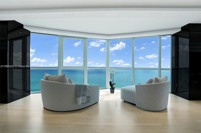 living room featuring expansive windows, a water view, and light wood-type flooring