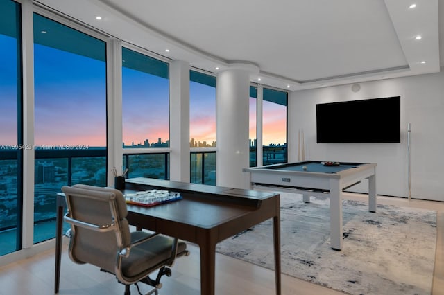 101 20th St Unit 3503/06/09, Miami Beach, FL 33139 - playroom with floor to ceiling windows, recessed lighting, billiards table, and wood finished floors