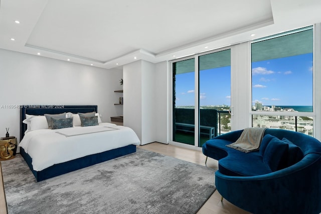 bedroom with access to exterior, light wood-type flooring, a raised ceiling, and multiple windows