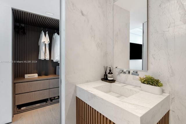 bathroom featuring vanity and wood-type flooring