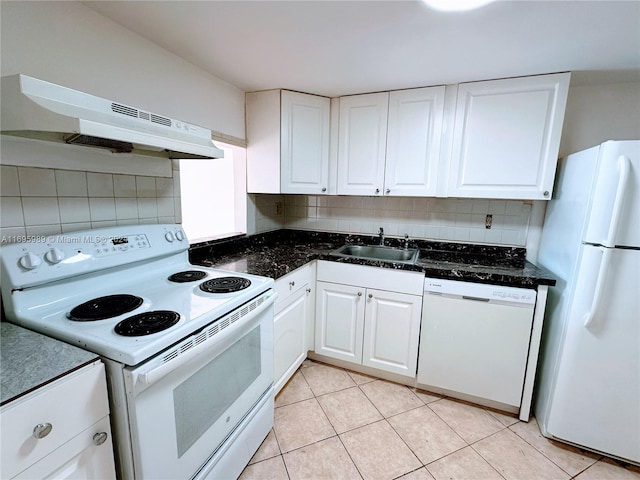 kitchen featuring white appliances, backsplash, exhaust hood, white cabinets, and sink