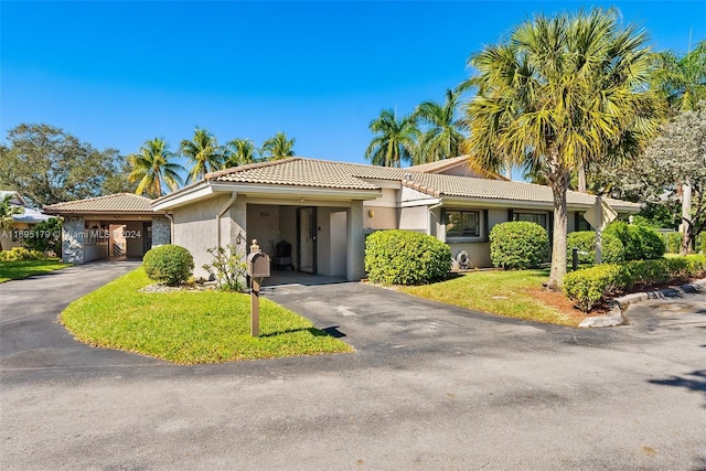 ranch-style home featuring a front lawn and a carport