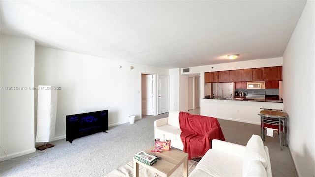 carpeted living room with a textured ceiling