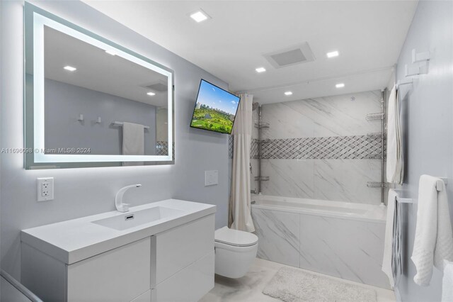full bathroom with vanity, shower / bathtub combination with curtain, and toilet