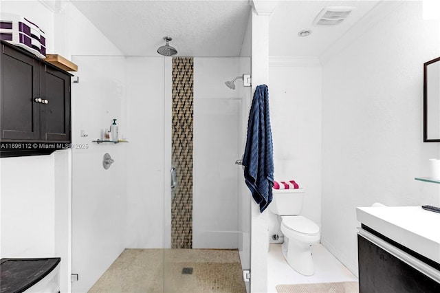 bathroom with crown molding, vanity, an enclosed shower, a textured ceiling, and toilet