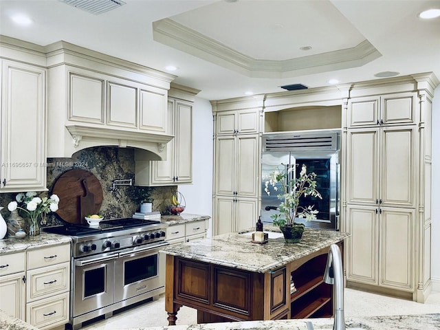 kitchen with light stone countertops, cream cabinets, a raised ceiling, and high end appliances