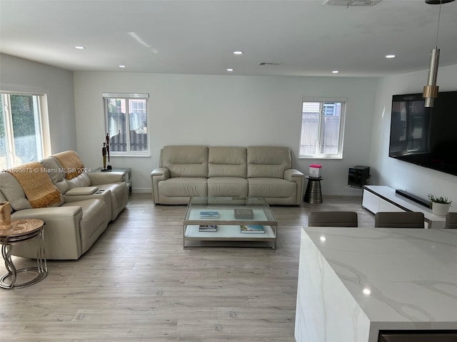 living room featuring plenty of natural light and light hardwood / wood-style floors