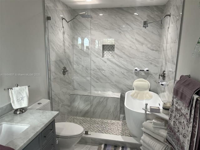 bathroom with a marble finish shower, toilet, marble finish floor, and vanity