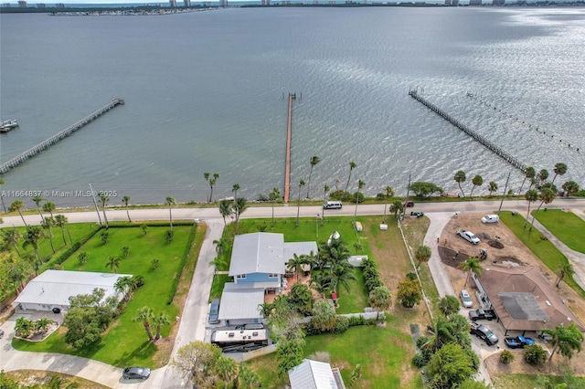 drone / aerial view featuring a water view