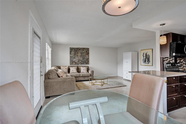 living room with a textured ceiling