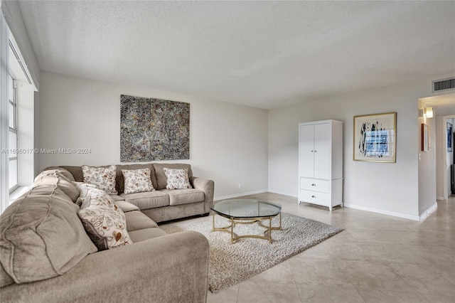 living room with a textured ceiling