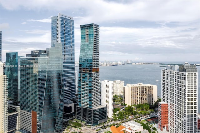 property's view of city featuring a water view