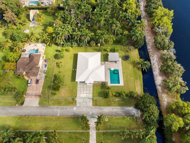 drone / aerial view with a water view