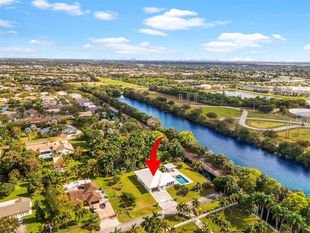 drone / aerial view featuring a water view