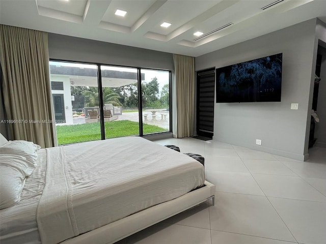 tiled bedroom featuring beamed ceiling