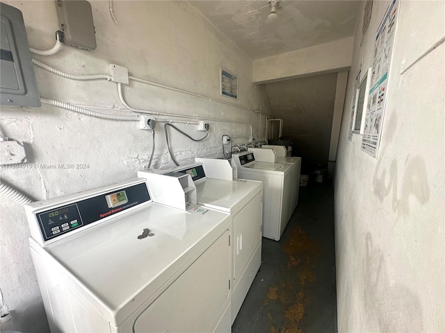 washroom featuring electric panel and washer and clothes dryer