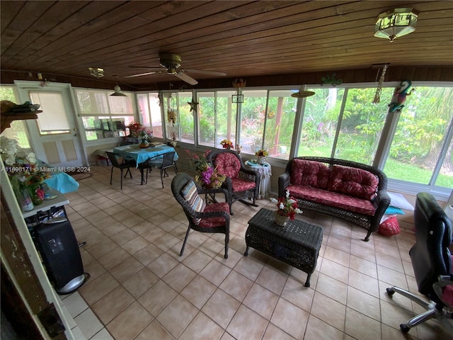 sunroom / solarium with ceiling fan and wooden ceiling