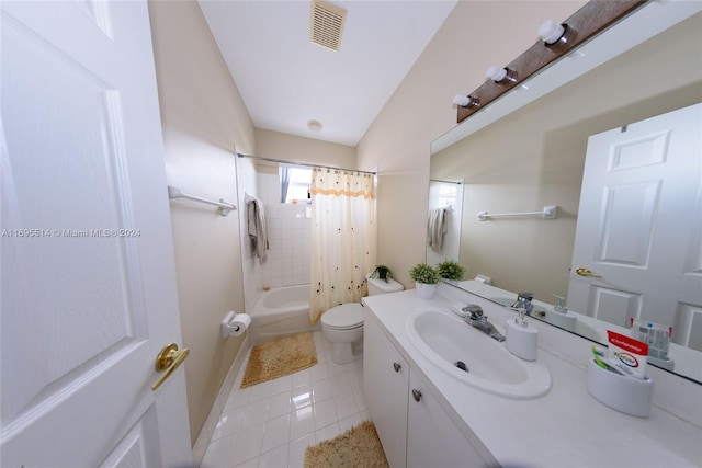 full bathroom with tile patterned flooring, shower / bath combination with curtain, vanity, and toilet