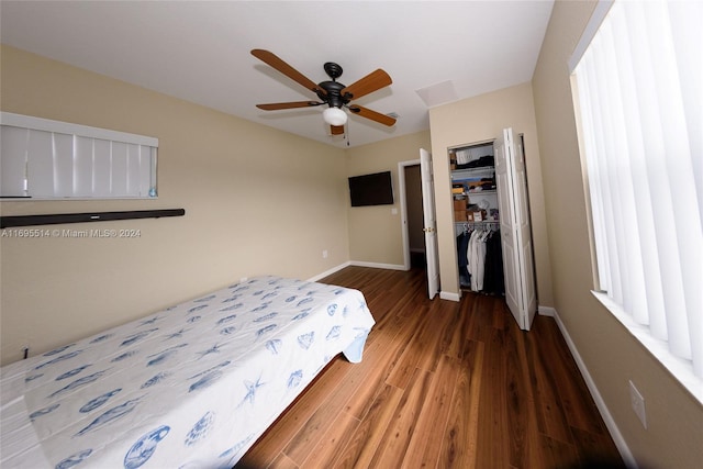 bedroom with ceiling fan, dark hardwood / wood-style floors, and a closet