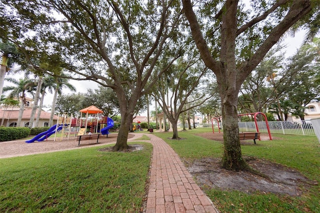 view of play area with a yard