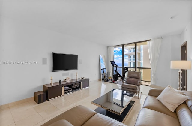 tiled living room with expansive windows