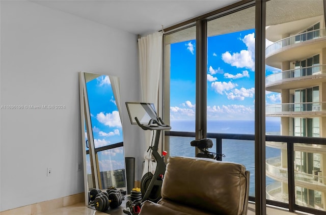 workout area featuring floor to ceiling windows and a water view