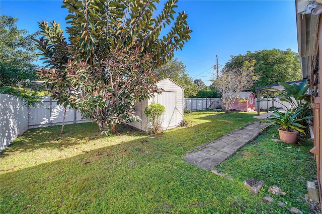 view of yard with a storage unit