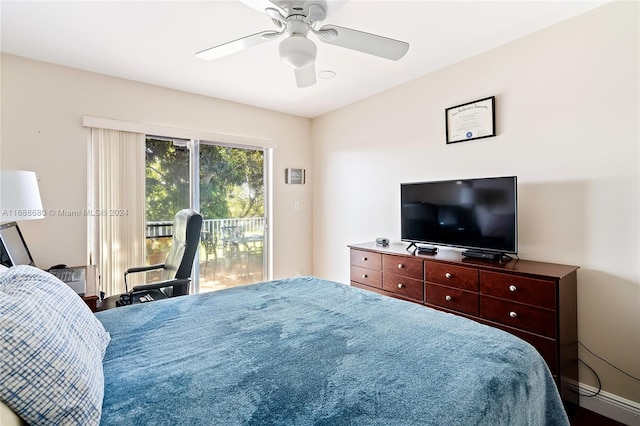 bedroom with ceiling fan and access to outside