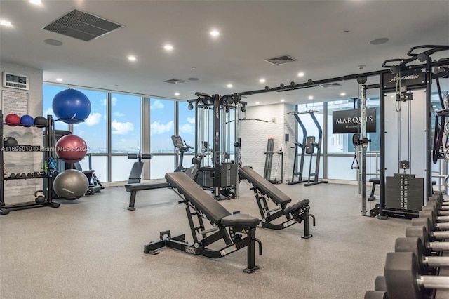 exercise room featuring floor to ceiling windows