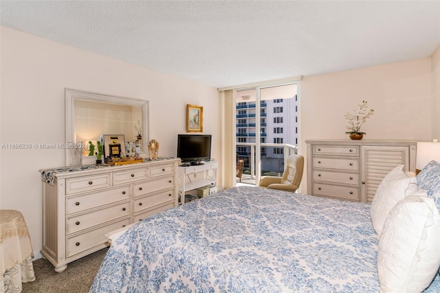 carpeted bedroom with a textured ceiling