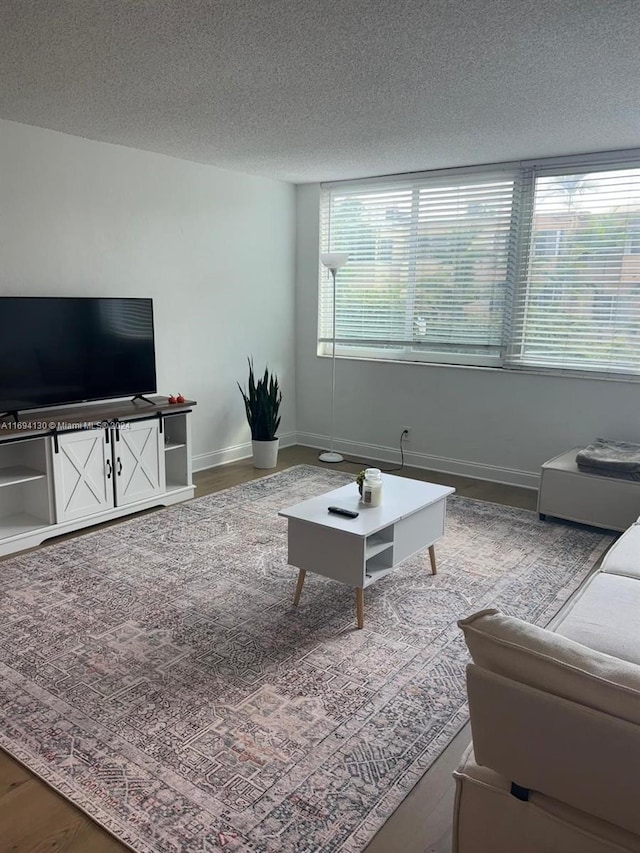 living room with hardwood / wood-style floors, a textured ceiling, and a wealth of natural light