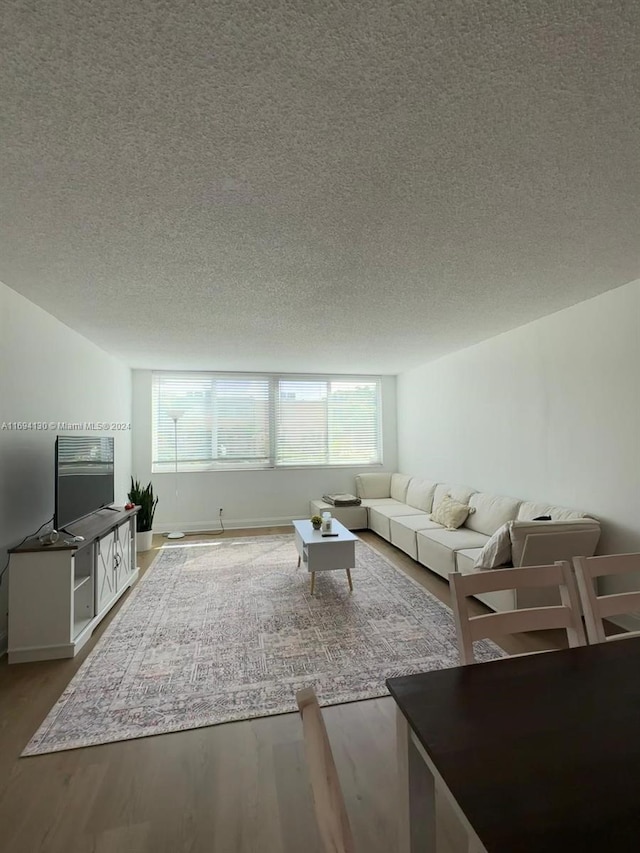 living room featuring wood-type flooring and a textured ceiling